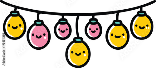 Colorful cartoon light bulbs with smiling faces hanging from a string on transparent background