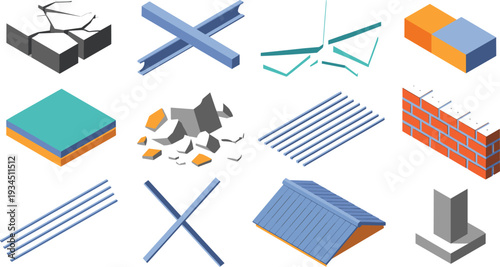 Isometric architectural construction materials set with concrete steel glass brick rebar roof and structural elements vector