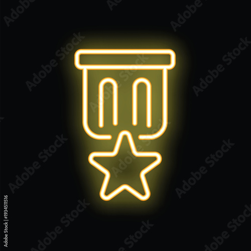 Glowing neon yellow military medal of honor with ribbon and star on black background