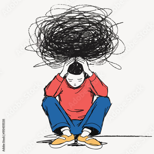 overthinking and anxiety concept illustration of a young adult with chaotic thoughts and tangled lines

