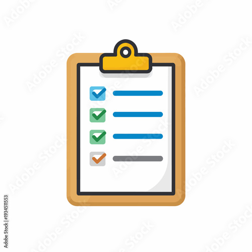 Top-down view of a clean cartoon illustration showing a yellow‑bordered clipboard with a multi‑color checklist, emphasizing organization and task management in a minimalistic office setting