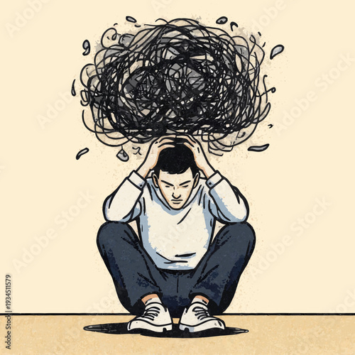 overthinking and anxiety concept illustration of a young adult with chaotic thoughts and tangled lines
