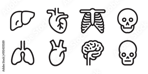 Human Anatomy Organs Icons Set. Heart, Lungs, Brain, and Bones in Modern Line Art Style.