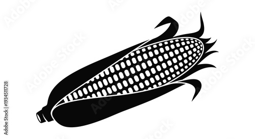 A striking black and white illustration depicts a single ear of corn with detailed kernels and husk silhouette high quality