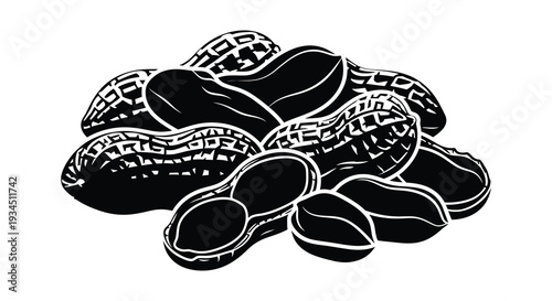 A striking black and white illustration depicts a pile of peanuts showcasing their textured shells as a silhouette
