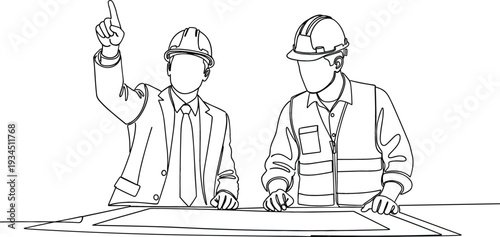 Continuous line drawing of engineer and architect in hard hats discussing floor plan blueprint on desk in construction site