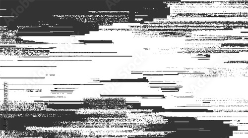 Black and white horizontal glitch lines and textured noise patterns across a white background abstract