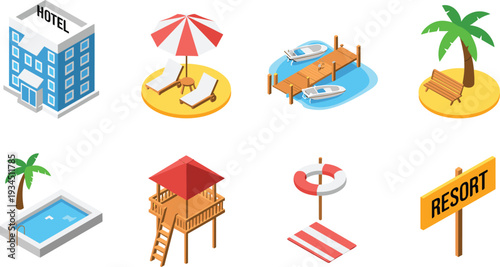 Isometric beach resort icon set featuring hotel building, pool, pier, boats, lifeguard tower and tropical vacation symbols