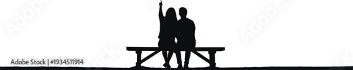 Silhouette of two people sitting on bench, one pointing upward gesture, interaction concept, wonder curiosity direction theme flat vector illustration