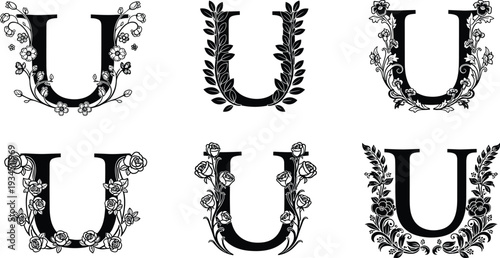 WebFloral Letter U Silhouette Collection, Decorative Alphabet Monogram with Rose and Leaf Ornaments for Wedding Invitation, Elegant Botanical Vector Art.