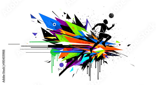 A vibrant vector graphic illustration of a soccer player kicking a ball amidst a dynamic explosion of colorful shapes and lines.