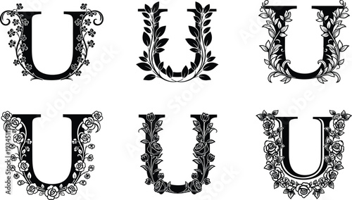 WebFloral Letter U Silhouette Alphabet Monogram Set, Decorative Botanical Ornaments with Roses and Leaves for Wedding Invitations, Elegant Vector Illustrations.