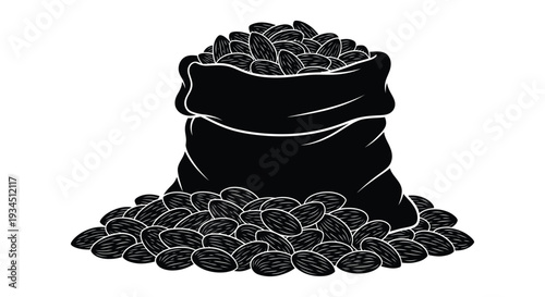 A black silhouette depicts a full burlap sack overflowing with almonds and scattered nuts silhouette high quality professional