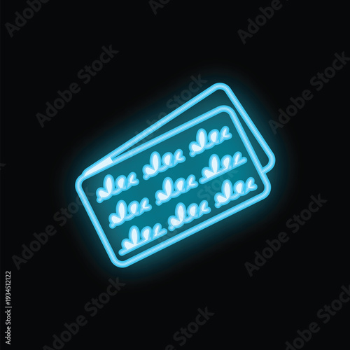 Blue neon sign illustrating a blister pack of pills, emanating a vibrant, electric glow against a stark black backdrop