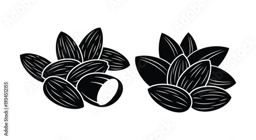 Two arrangements of almonds and a cracked nut are presented in a striking black and white silhouette