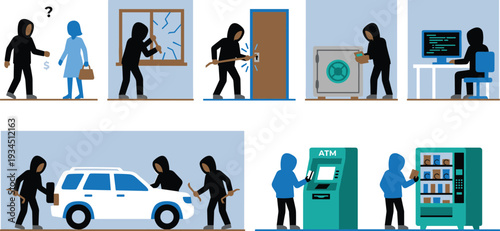 Flat vector illustration of criminal characters committing various crimes like robbery, burglary, car theft, hacking, and ATM fraud, for security