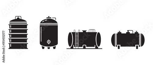 Collection of Industrial Storage Tanks Icons. Vertical and Horizontal Silos, Vertical Tank with Legs, Horizontal Tank with Ladder.