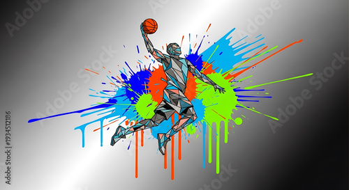 A colorful illustration of a basketball player jumping to dunk a ball with vibrant paint splatters in the background