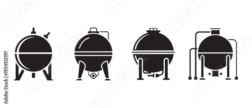 Industrial Storage Tanks Vector Icon Set. Black Pressure Vessels for Chemical, Oil & Gas Manufacturing.