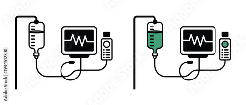 Intravenous Drip and Vital Signs Monitor Icons. Representing Hospital Patient Care Technology.