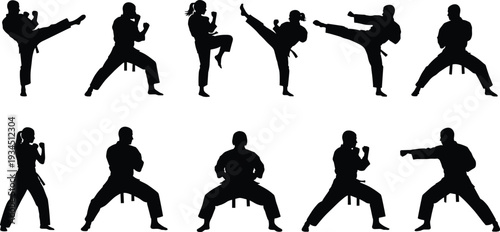 Silhouette collection of karate fighters performing kicks and punches isolated on white background, martial arts training and self defense action poses set
