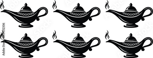 WebSet of black oil lamp silhouettes, magical genie lamp icons with smoke and chains, oriental fairy tale objects on white.