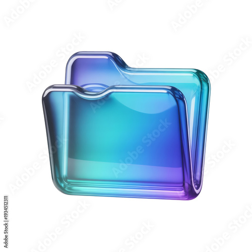 Glossy 3d glass folder icon with vibrant blue and purple holographic gradient isolated on transparent background