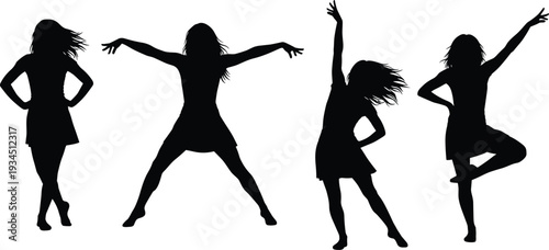Silhouette of dancing women in dynamic poses isolated on white background vector illustration for party and lifestyle design