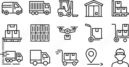 Black-and-white vector icons of logistics, shipping, delivery, and warehouse services for supply chain, transportation, and business themes.