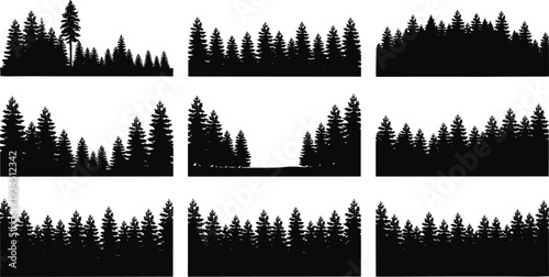 WebSet of black pine forest silhouettes, evergreen spruce tree treeline borders, coniferous woodland landscape elements for nature and outdoor design projects.