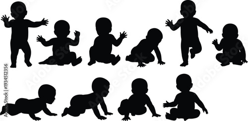 WebLarge collection of black silhouettes featuring seagulls in flight, children playing, babies crawling, and diverse female profiles with natural hairstyles.