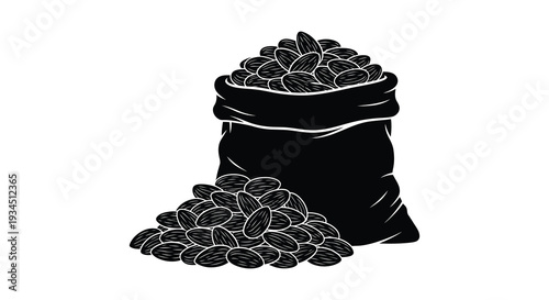A black silhouette of a filled sack overflowing with almonds and scattered nuts visually representing abundance silhouette