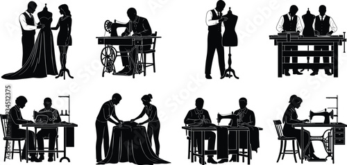Tailor and dressmaker silhouette collection, fashion designers sewing and measuring garments isolated on white background vector illustration set