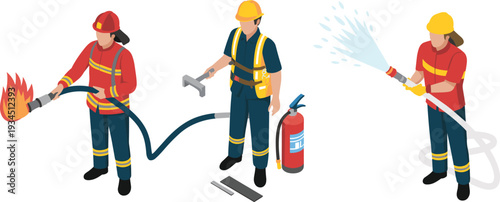 Isometric firefighter and emergency safety workers illustration, fire hose extinguisher industrial rescue team vector set