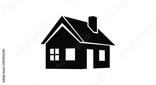 A simple black outline of a house with a chimney and windows presented as a striking silhouette