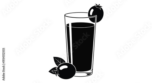 A striking black silhouette depicts a tall glass of dark liquid with cherries and leaves silhouette high quality