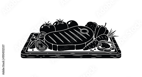 A striking black and white illustration of grilled meat and fresh vegetables arranged on a wooden board silhouette high quality
