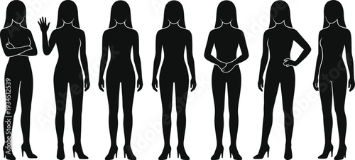WebSet of female silhouettes in various standing poses, waving, and fashion positions for diverse lifestyle character vector illustrations and designs.