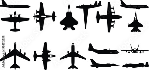 WebMilitary jet and civil aircraft silhouettes, fighter plane vectors, cargo transport symbols, aviation technology icons, airline flight wing elements collection,