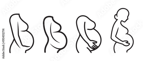 Stages of Pregnancy Progression Illustrated. Pregnant Belly Silhouette Line Art. Showing Growth and Gestation Timeline.