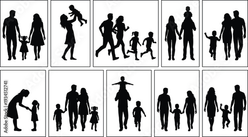 WebSet of happy family silhouettes featuring parents and children walking, playing, running, and bonding together, diverse domestic life vector collection,