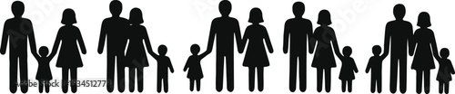 WebSet of happy family silhouettes with parents holding hands with children, diverse icons of father mother and kids standing together