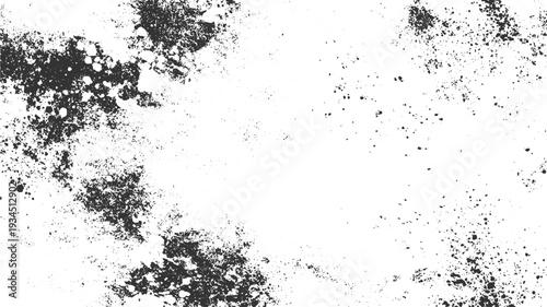 Black ink splatters and granular textures on a white background splash