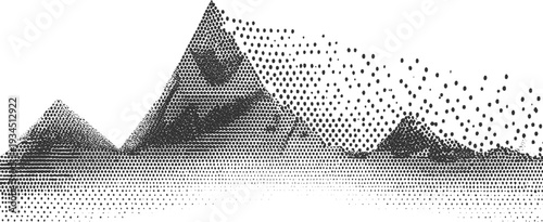 Abstract landscape of mountains formed by black dots dissolving into white space peaks