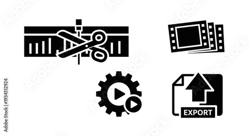 Black and white video editing icons.