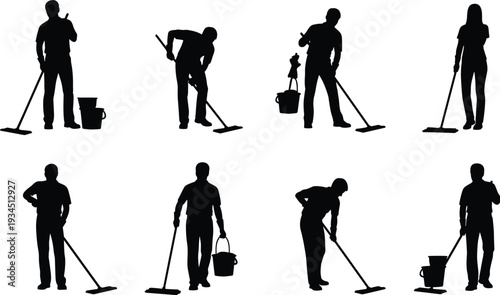 WebProfessional janitor and cleaner silhouettes set with mops and buckets for commercial cleaning services, floor maintenance, housework, and sanitation vector.