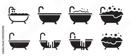 Collection of Bathtub Icons. Filled, Empty, and Bubbling, Vector Silhouette Graphics for Bathroom and Hygiene.