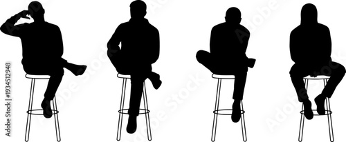 Silhouettes of four people seated on tall stools, different postures body language, ergonomic study character design concept flat vector illustration