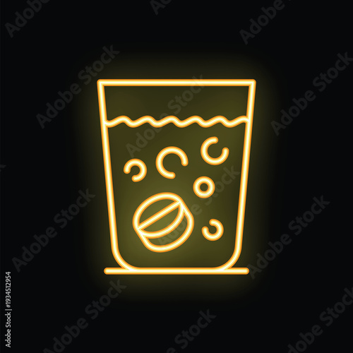 Yellow neon sign of a glass of water with an effervescent tablet dissolving in it