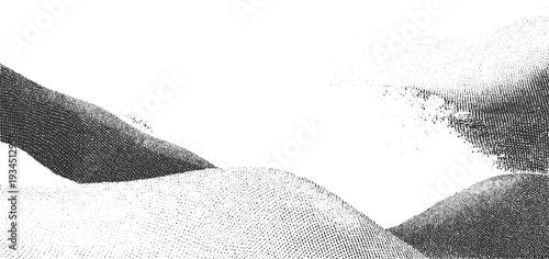 Abstract monochrome landscape of rolling hills and valleys rendered in stippled texture
